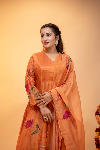 "Embroidered Peach Anarkali  Set in Mul Chanderi"