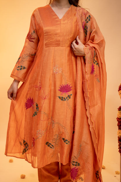 "Embroidered Peach Anarkali  Set in Mul Chanderi"