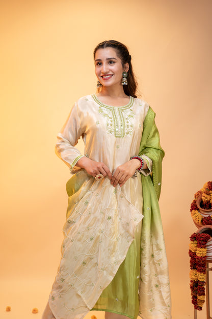 "Ombre Green & Ivory Silk  Kurta Set"