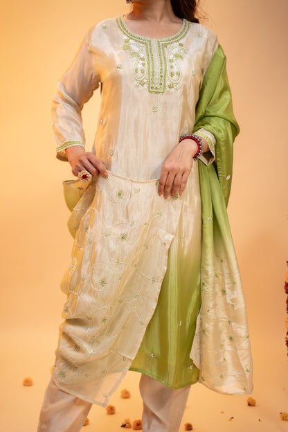 "Ombre Green & Ivory Silk  Kurta Set"