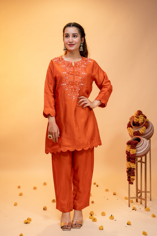 Embroidered Silk Kurti Set – Festive Orange