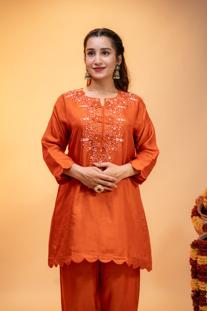 Embroidered Silk Kurti Set – Festive Orange